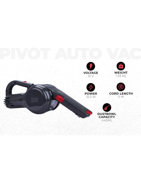 Black+Decker PV1200AV-XJ - Aspirador de Coche con Cabezal Pivotante 12 V, 350 ml, Adaptador para Mechero, Gris/ Rojo/ Transparen