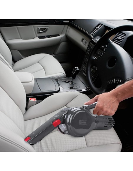 Black+Decker PV1200AV-XJ - Aspirador de Coche con Cabezal Pivotante 12 V, 350 ml, Adaptador para Mechero, Gris/ Rojo/ Transparen
