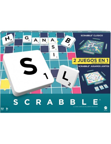 Mattel Games Scrabble 2 Juegos en 1 , juego de mesa familiar, palabras cruzadas, incluye tablero con 2 caras, 50 tarjetas con ob