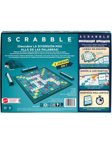 Mattel Games Scrabble 2 Juegos en 1 , juego de mesa familiar, palabras cruzadas, incluye tablero con 2 caras, 50 tarjetas con ob