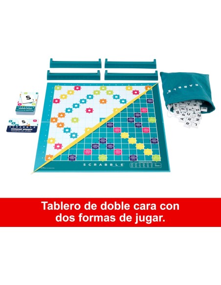 Mattel Games Scrabble 2 Juegos en 1 , juego de mesa familiar, palabras cruzadas, incluye tablero con 2 caras, 50 tarjetas con ob